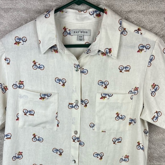 RAE DUNN Bicycle Flowers in Basket Linen Button Up Shirt Medium Novelty Print - Picture 2 of 16